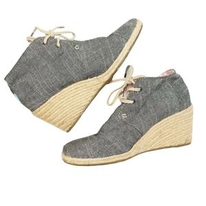 Toms Black Chambray Desert Espadrille Wedge Lace Up Booties Women's Size 8M